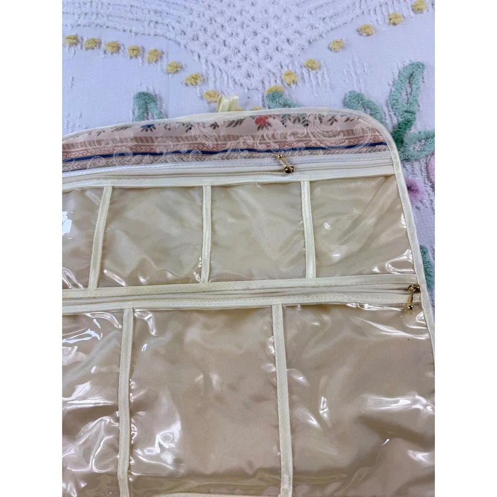 Vintage Floral Tapestry Roll Up Travel Jewelry Cosmetic Organizer Case Cream